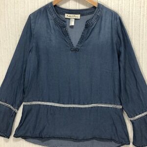Madeline & Monroe Denim Peasant Top‎ Long Sleeve V Neck Blue Size 1X